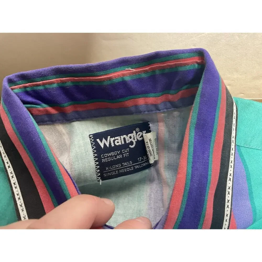Vintage Wrangler Brushpopper Western Striped Button Up X-Long Tails 17x36 USA